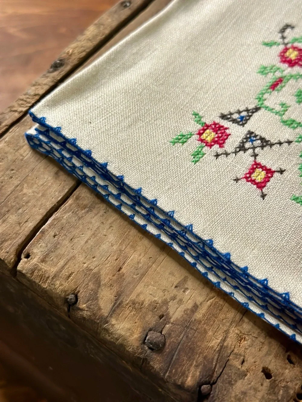 6 Vintage Hand Embroidered Floral Linen Napkins with Blue Trim